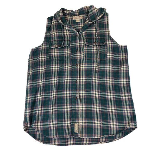 VINTAGE ABERCROMBIE & FITCH Sleeveless Plaid Hooded Flannel Shirt | L | Grunge - Picture 2 of 14